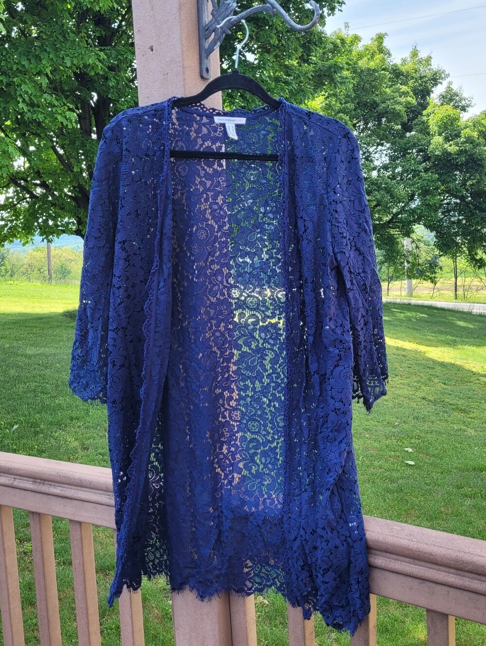 Lace Duster Sheer Navy Blue Womens M Isaac Mizrahi Live Fairy Whimsical Layer